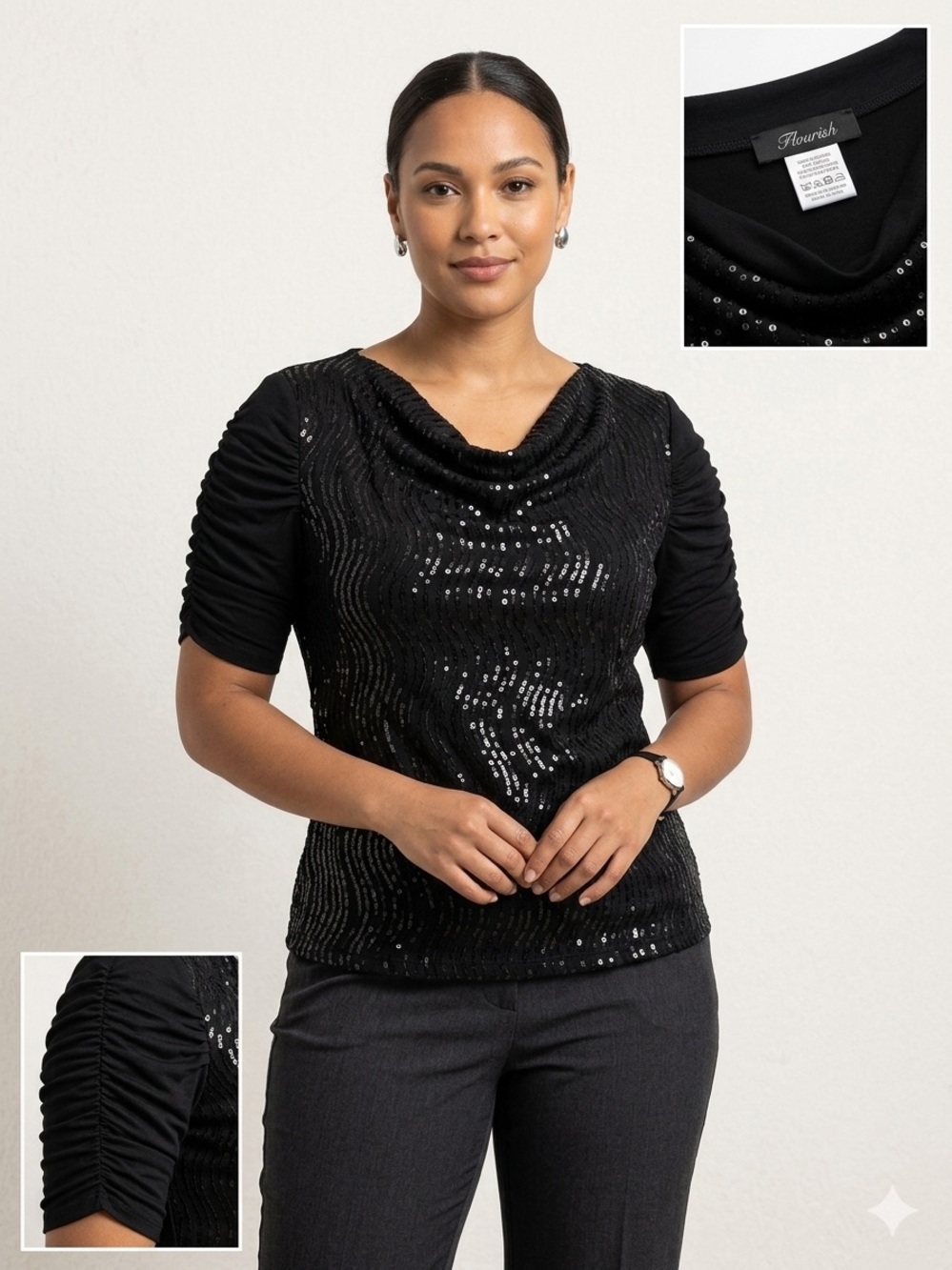 Flourish Black Sequin Cowl Neck Top | Size Medium | NWT